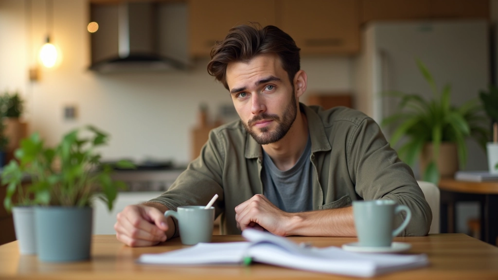 Person sitting at kitchen table with household items arranged, thinking about problem-solving