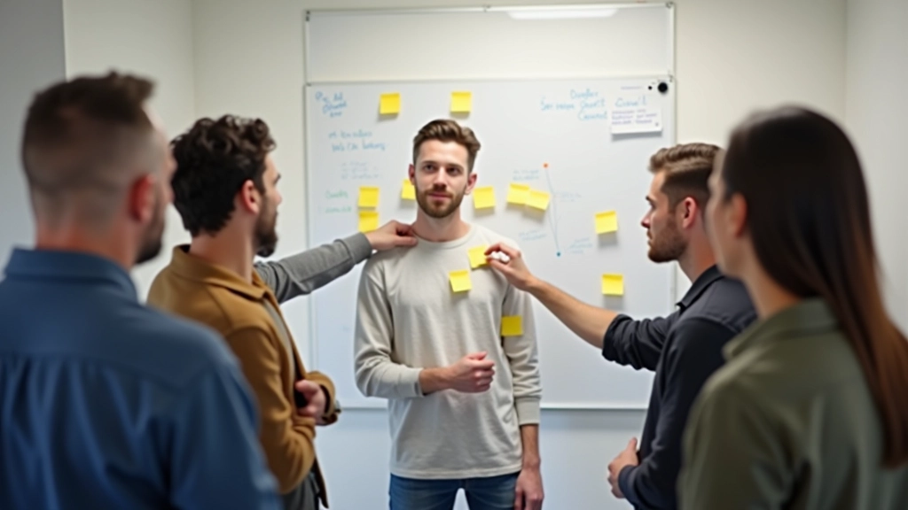 Group of people brainstorming with colorful sticky notes and markers on wall