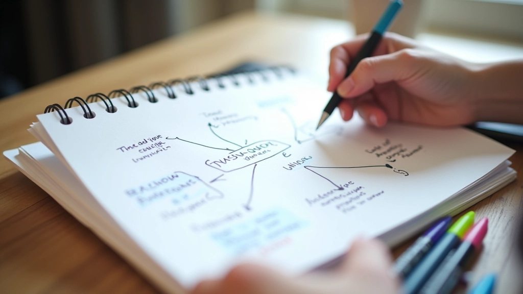 Mind map diagram drawn by hand on notebook with central topic and branching ideas