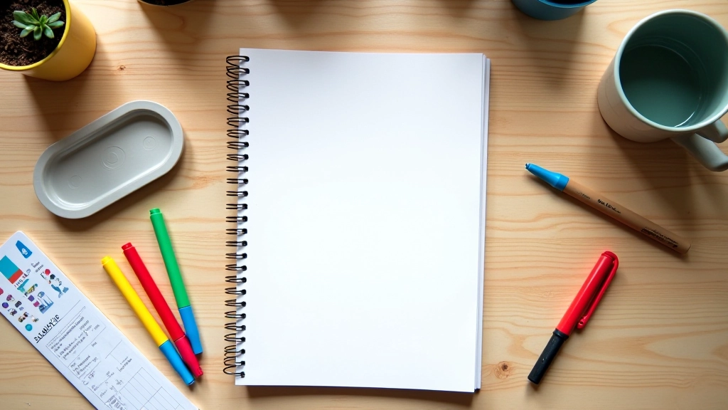Overhead view of organized notes and visual planning materials on wooden table