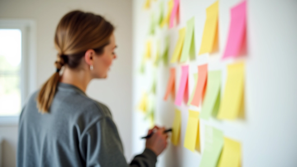 Person writing ideas on colorful sticky notes arranged on a white wall